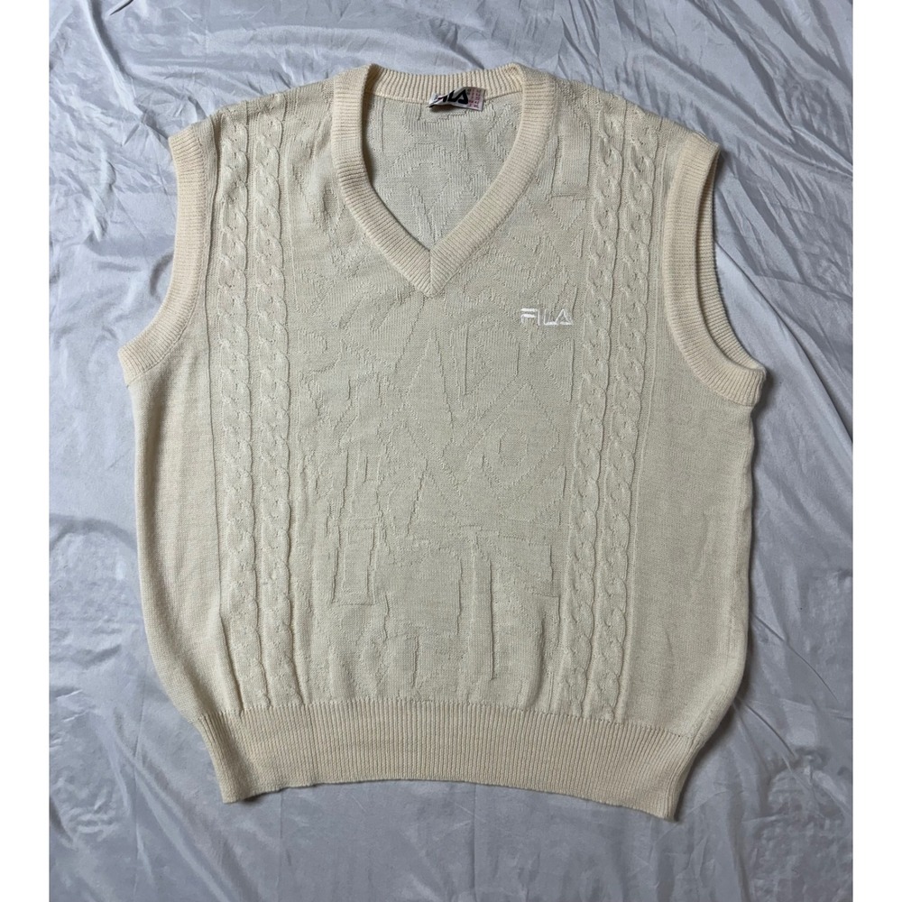 Vintage 80's Fila Sweater Vest Mens 42 Ivory Cable Knit Wool Blend Made Italy XL